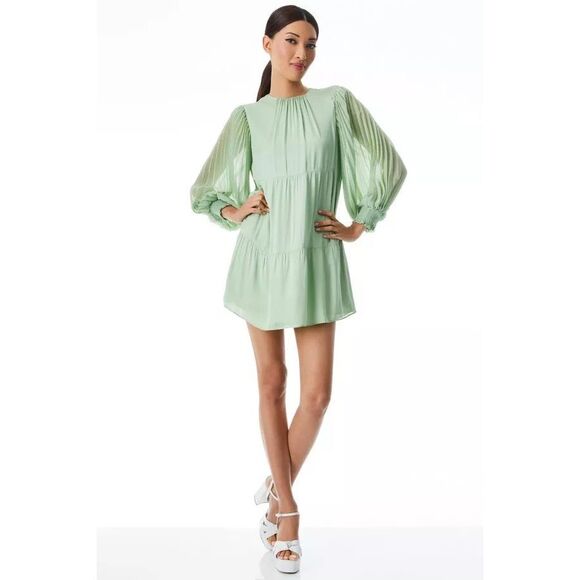 ALICE + OLIVIA Antonette Blouson Sleeve Minidress in Sage Green Size XS - Picture 1 of 7